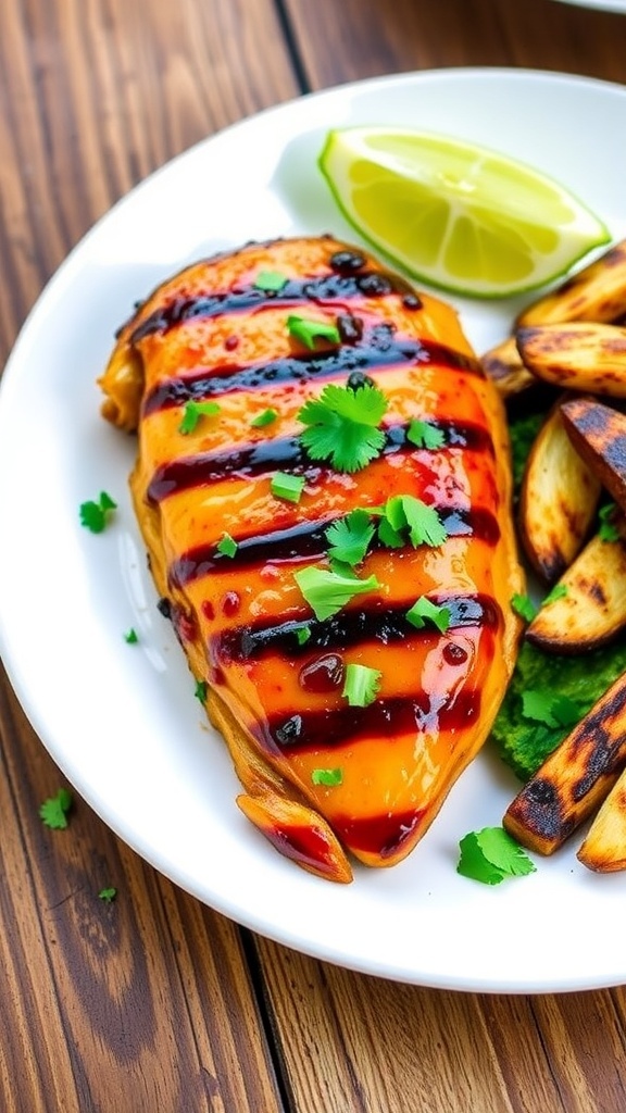 Grilled honey chipotle chicken breast garnished with cilantro, served with grilled vegetables and lime on a rustic table.